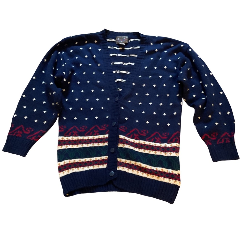 Vintage Magnet Navy Blue Fair Isle Cardigan Sweater Ramie Cotton Blend Mens M